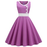Button Front Sleeveless Purple Summer Tank Vintage Style A-Line Women Fit and Flare Solid Slim Dresses