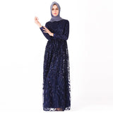 Muslim Women Robe Sequin Leaf Embroidered National Arab women Formal Dress Navy Black Long-Sleeve Gowns Tulle O-neck Vestioes