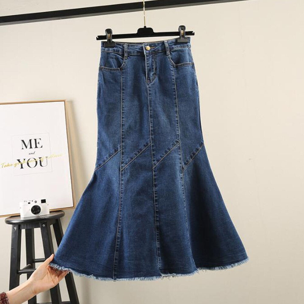 Casual Fishtail Retro Long Summer Midi Skirts Women High Waist Ruffle Jeans Bodycon Maxi Denim Skirts