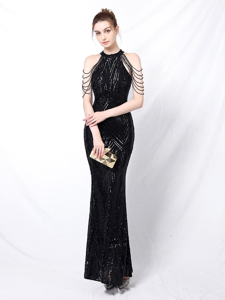 Elegant Halt Neck Diamond Sequin Embroider Formal Mermaid Evening Dress Sleeveless Women Gold Vestidos