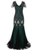 Formal dress retro 1920s sequin evening dress V-neck short sleeve mesh bead fishtail skirt women party special ocasion