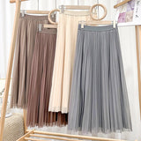 Women Long Tulle Pleated Skirt Spring Summer Elastic High Waist Elegant Mesh Midi Skirt