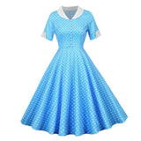 2021 Button Front Polka Dot Vintage High Waist Runway Midi Tunic Dress Women V Neck Short Sleeve Casual Retro Swing Dresses