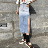 Summer High Waist Slit A-Line Denim Women Elegant Midi Jean Casual Maxi Long Skirts