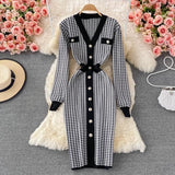 Fall Winter Elegant Office Single Breasted Cardigan Sweater Dress Houndstooth Knitted Bodycon Midi Dress