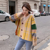 Autumn Women Coat Single-breasted V-Neck Knit Vintage Casual Loose Cardigans Patchwork Sweaters