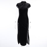 2021 Stand Collar Vintage Buttons Chi-Pao Robe Velvet Long Dresses for Women Cap Sleeve Elegant Party Sexy Split Bodycon Dress