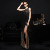 Elegant One Shoulder Slit Gold Sequin Evening Dress Women Beads Party Maxi Dress