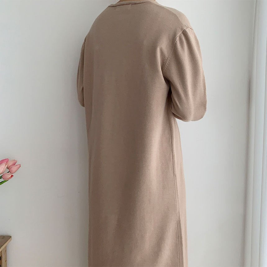 Solid Elegant Knitted Dress Autumn Winter V Neck Long Sleeve Casual Loose Midi Dress