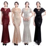 Elegant Flounce Evening Dress V-neck Sequins Formal Occasion Dresses Short-Sleeve Mermaid Robe Silver Long Gowns