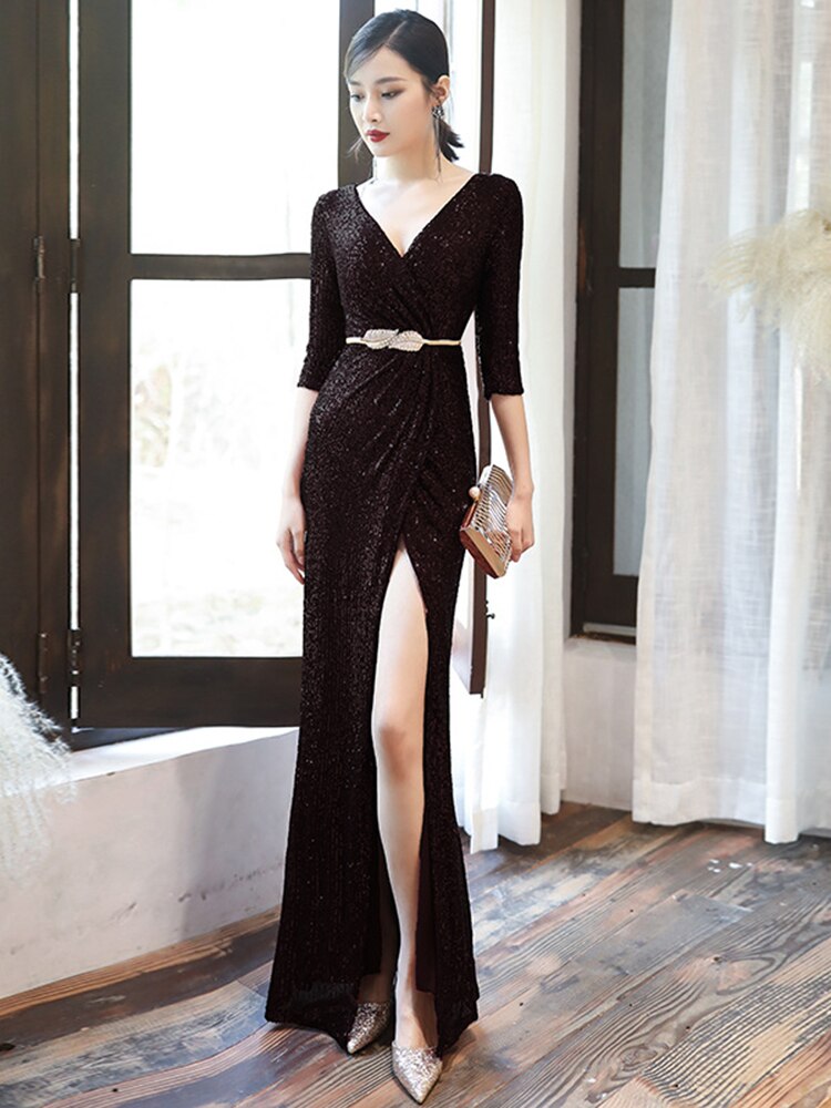 Sexy Side Split Shinning Sequins Evening Dress Half-Sleeve V-Neck Formal Prom Gowns Floor-Length Dress