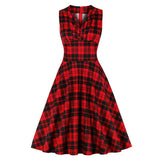 Women High Waist Red Plaid Vintage Ruched A Line Sleeveless V-Neck Wrap Elegant Midi Dress