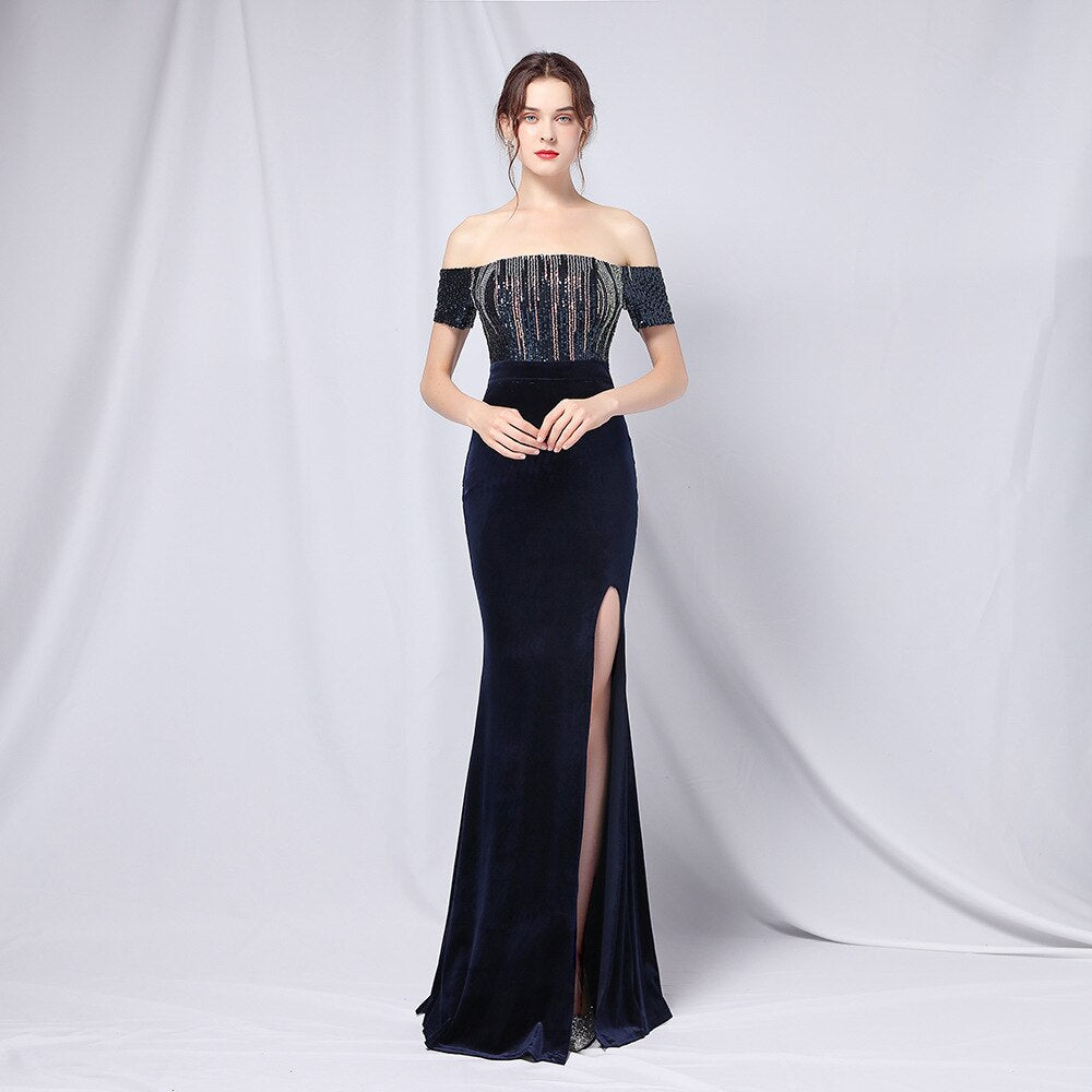 New Elegant Strapless Velour Evening Party Dress Burgundy Sequin Maxi Off Shoulder Long Prom Dress