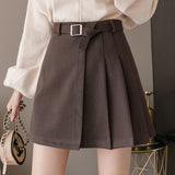 Ladies Elegant A-line Short Skirts Korean Style All-match Woolen High Waist Women Mini Skirt With Belts