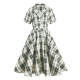 British Women Green Plaid Rockabilly Vintage Dress Plaid Print Notched Collar Buttons Elegant Belted A Line Retro Ladies Dresses