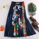 Summer Korean Casual Pleated Midi Long Women Printed A Line High Waist Mid-length Skirt