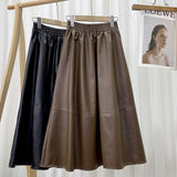 High Waist A Line Autumn Winter Faux Leather Elastic Waist Solid Vintage PU Leather Midi Skirt