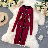 Office Lady Knitted Sexy Mini Bodycon Dress Contrast Color Trim Buttons Long Sleeve Winter Sweater Dress