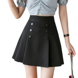 Summer A-line Ladies Pleated Mini Skirts Women High Waisted Double Button Breasted Jupe Femme Slim Black Casual Skirt