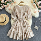Floral Print Summer Tiered Elegant Chiffon Mini Dress Round Neck Half Puff Sleeve Casual Dress With Belt