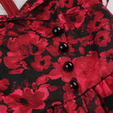 Button Front High Waist Wrap Red Flower Floral Elegant Midi Pleated Women Retro Vintage Dress