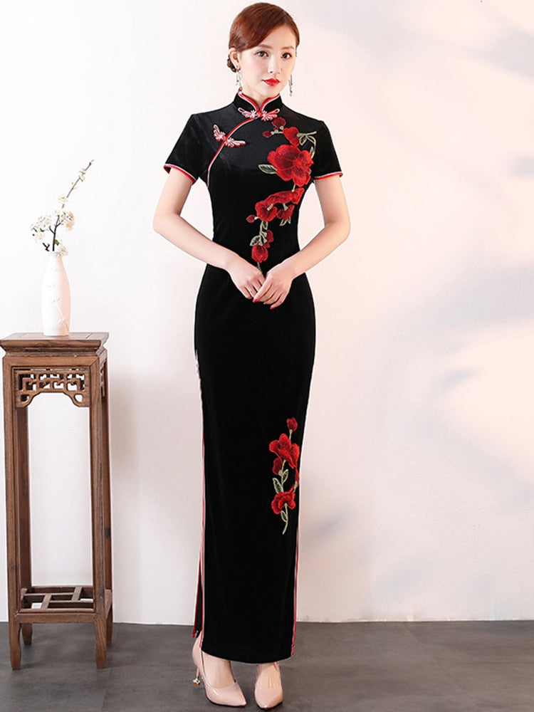 Chinese Cheongsam Short Sleeve High Neck Formal Women Side Split Velour Evening Dresses