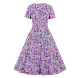 2021 Square Neck Bow Front Floral Vintage Summer Tunic Dress Short Sleeve High Waist Robe Elegant Women A Line Swing Dresses