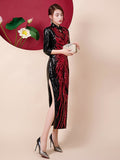 Fashion Sequins Embroidered Evening Dress Side-Slit Formal Occasion Women Black Red Long-Sleeve Tea-Length China Cheongsam