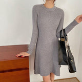 Autumn Winter Slim Knit Sweater A-line Dress Elegant Fashion O-Neck Long-Sleeved Knitted Bottoming Mini Dress Female