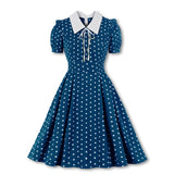 Blue Green Vintage Retro Chiffon Party Women Dress Polka Dots Print Turn Down Collar With Bow Rockabilly A Line Party Sundress