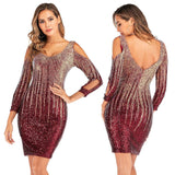 Off Shoulder Sexy Sequin Party Dress Women Long Sleeve Evening Dress