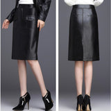 Black PU Leather Women Midi Sexy High Waist Bodycon Split Knee Length Pencil Skirt
