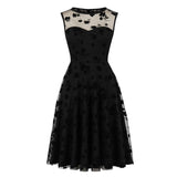 2021 Floral Embroidered Mesh Overlay Elegant High Waist Black Tunic Dresses for Women Sleeveless A Line Winter Party Dress