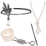 4pcs/set 1920s Flapper Accessories Set Rhinestone Headpiece Pearl Knot Necklace Bracelet with Cigarette Holder