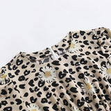 Daisy and Leopard Print Elegant High Waist Vintage Autumn Women O-Neck Long Sleeve A-Line Midi Dresses