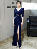 Sexy Side Split Shinning Sequins Evening Dress Half-Sleeve V-Neck Formal Prom Gowns Floor-Length Dress