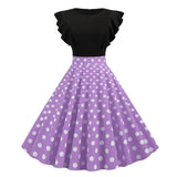 Two Tone Ruffle Armhole Polka Dot Elegant Vintage O-Neck A Line Retro Slim Swing Dress