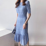 Elegant Hollow Out Women Knit Short Sleeve High Waist Bandage With Vest Midi Female Fashion Chic Dress