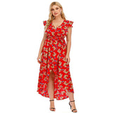 Red Floral Plus Size Women Boho V Neck Asymmetrical High Waist Beachwear Long Beach Party Bohemian Dress