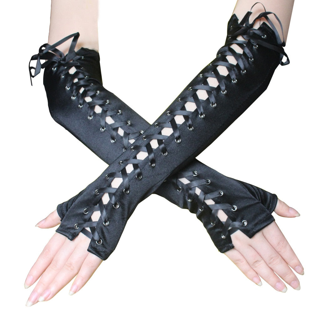 Elbow Length Fingerless Satin Ribbon Lace Up Arm Warmer Black Punk Gothic Gloves Halloween Party Long Gloves