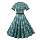 Turn Down Collar Button Up Plaid Vintage Short Sleeve Summer Women Casual A-Line Belted Swing Dresses