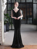 Crystal Beads Sleeve Formal Women Dress V Neck Sequins Mermaid Party Gowns Floor Length Elegant Robe De Soriee