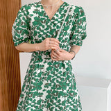 Summer Women Vintage A-Line Mini Casual Floral Print Green Puff Sleeve V-Neck Dress