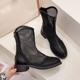 Sexy Black Mesh Hollow Out Cool Boots Women PU Leather Zipper Summer Round Toe Square Heels Ladies Shoes