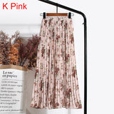 High Waist Floral Print Mid Calf Long Pleated Women Summer Vintage Elegant Chiffon Midi Skirt