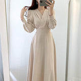 2021 Dresses for Women Vintage Robe V-neck Puff Sleeve Folds Vestidos Mujer High Waist Temperament Dress