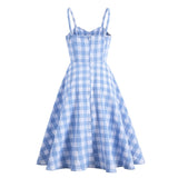 2021 Spaghetti Strap Blue Plaid 50s Women Vintage Pinup Summer Swing Dresses Female Fit and Flare Slim Cami Tunic Midi Dress