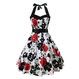 High Waist Floral Print Women 50s Style Pinup Vintage Party Halter Backless Lace Up Back Slim Dress