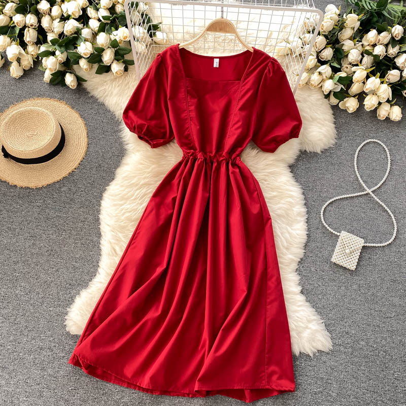 Vintage Square Neck Short Puff Sleeve Waist Back Tie Chic Casual Midi Dress