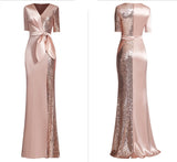 V-neck Elegant Half-Sleeve Evening Dress Bow Waist Formal Women Long Satin Sequins Prom Robe Dress